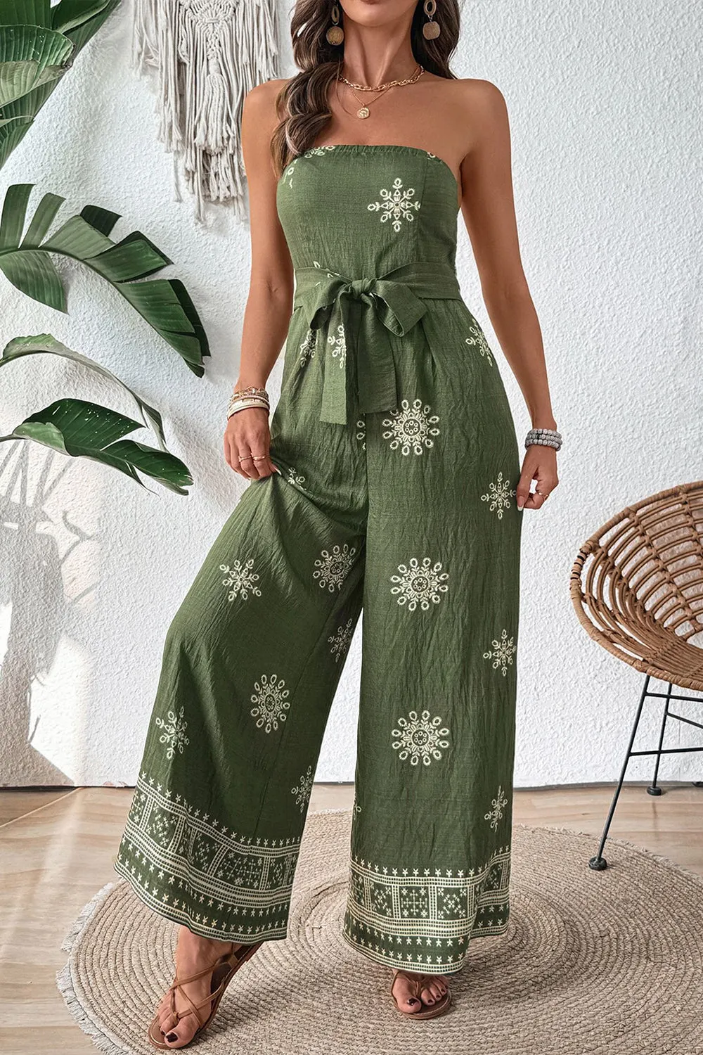 Army Green Strapless Printed Summer Jumpsuit With Sash sold by Zapaka