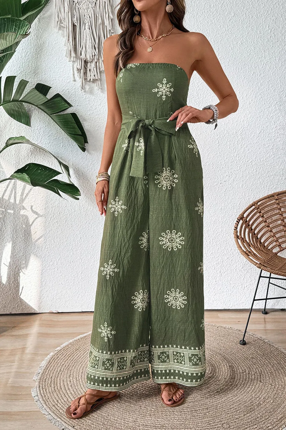 Army Green Strapless Printed Summer Jumpsuit With Sash sold by Zapaka product image thumbnail 5