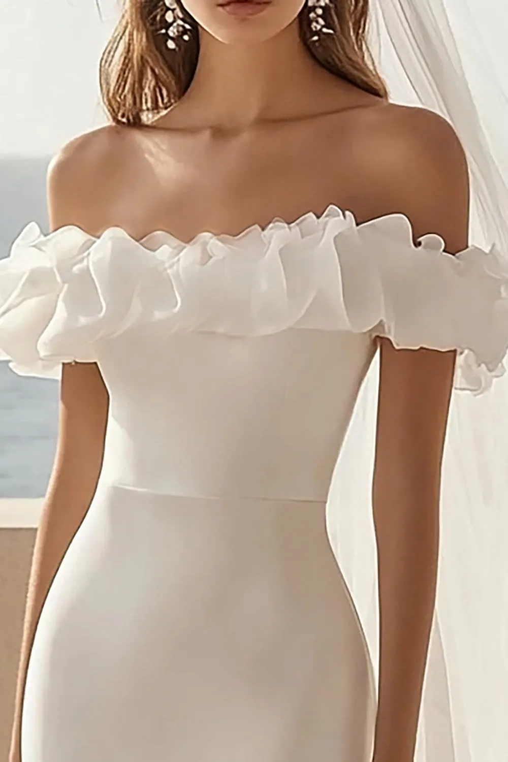Off The Shoulder White Satin Short Wedding Dress with Slit sold by Zapaka product image thumbnail 2