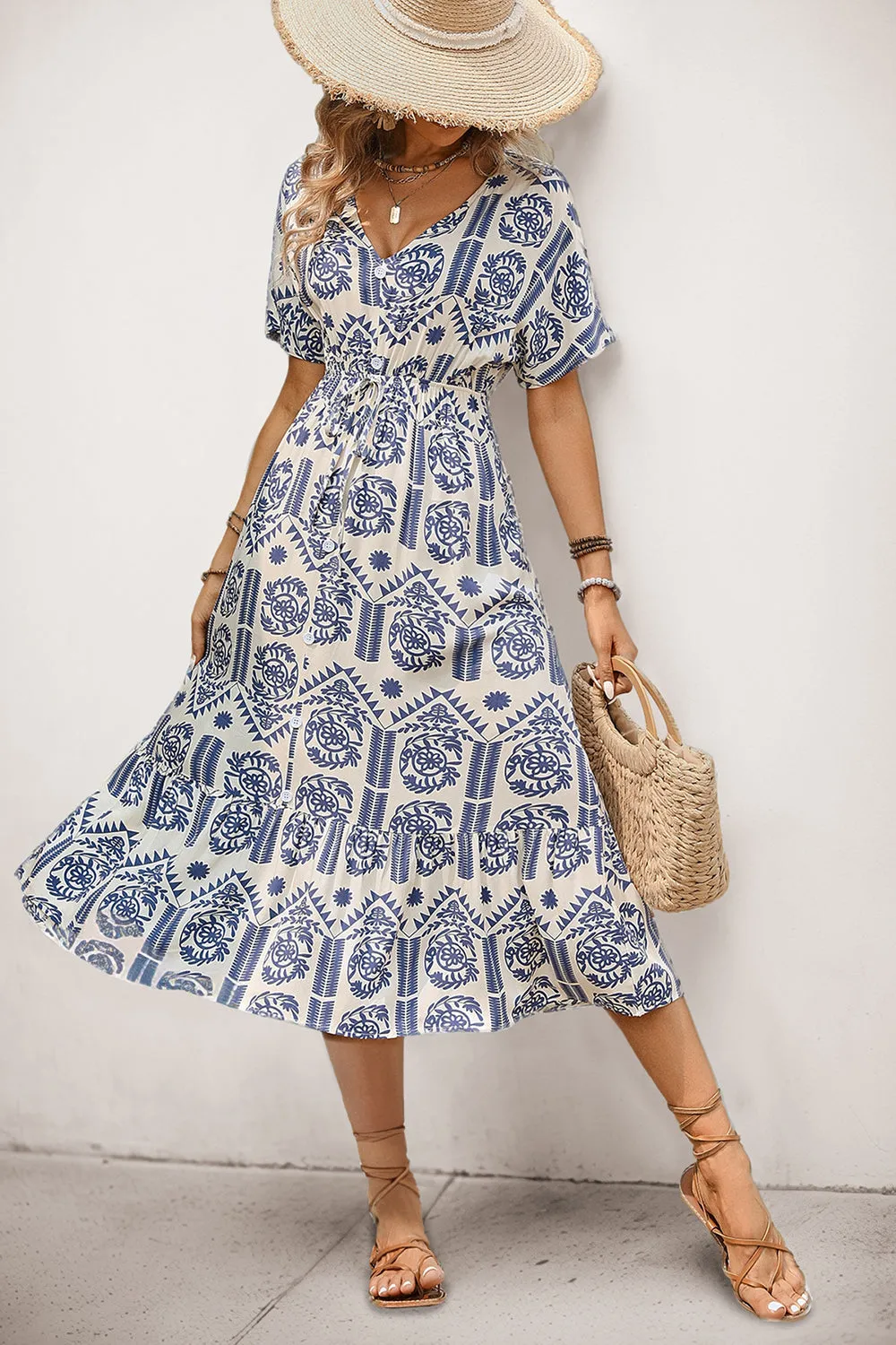 Blue A Line Printed Midi Summer Dress sold by Zapaka