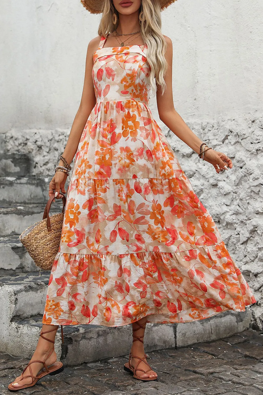 Orange Printed Square Neck Midi Summer Dress sold by Zapaka product image thumbnail 3