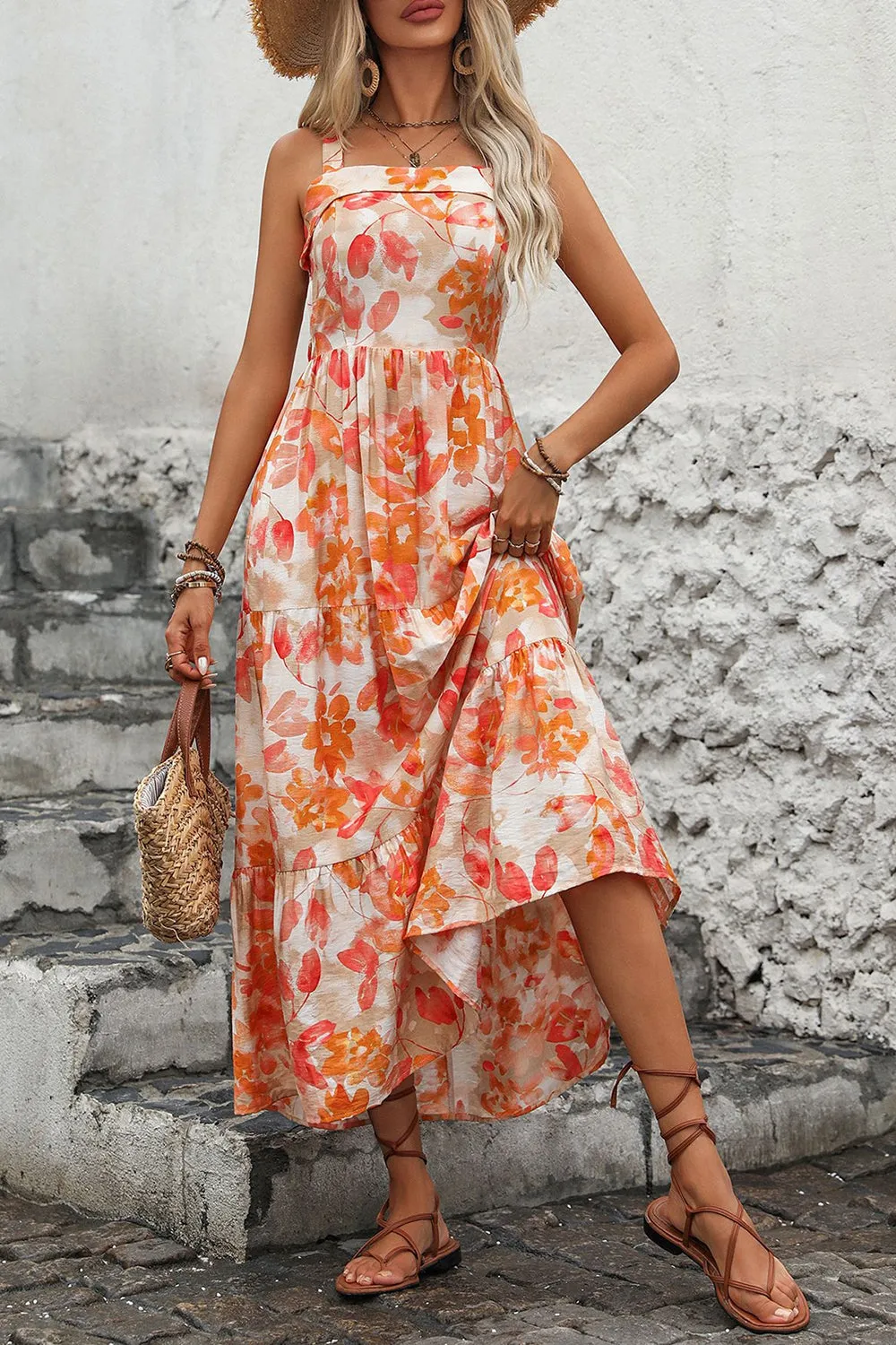 Orange Printed Square Neck Midi Summer Dress sold by Zapaka product image thumbnail 4