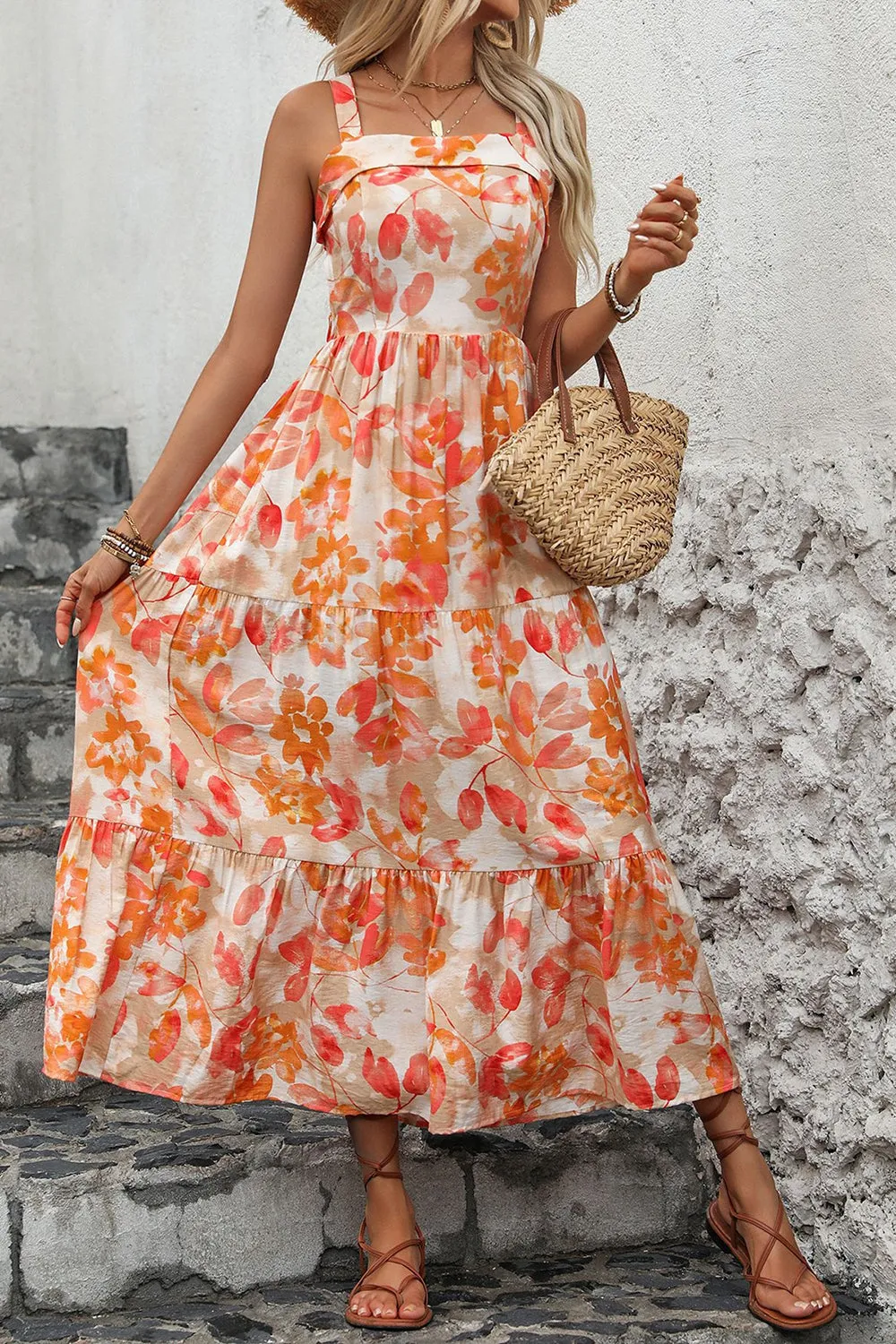 Orange Printed Square Neck Midi Summer Dress sold by Zapaka