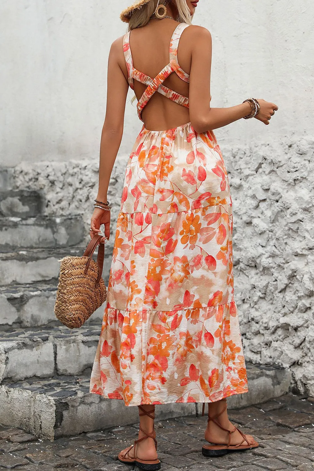 Orange Printed Square Neck Midi Summer Dress sold by Zapaka product image thumbnail 2