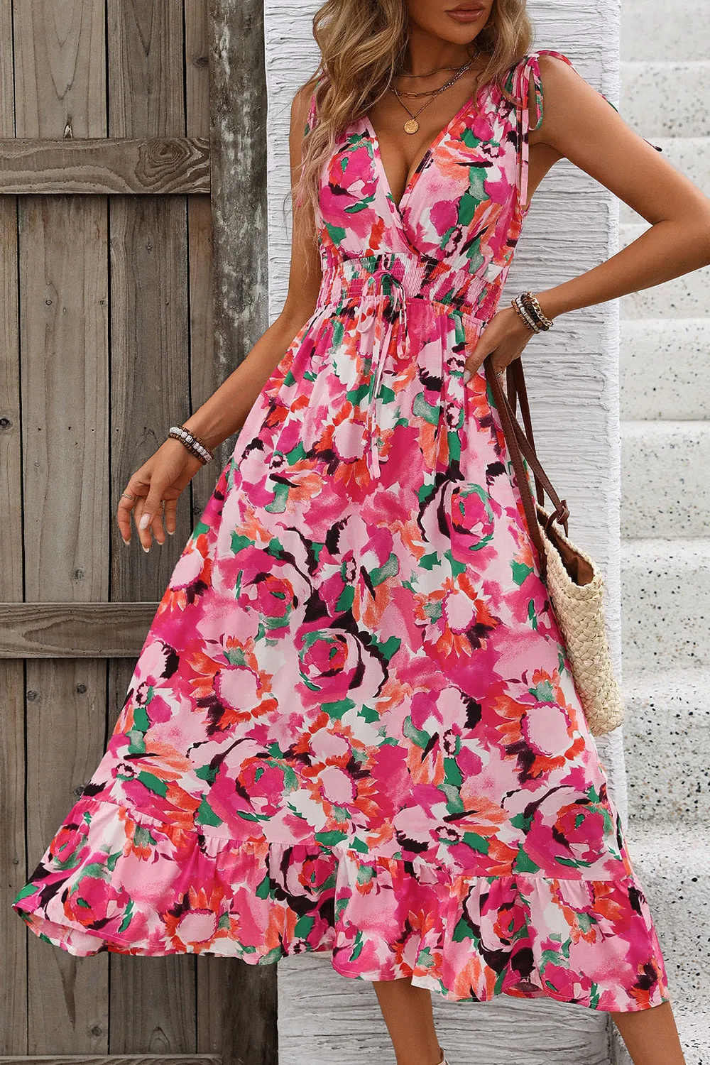 Fuchsia Floral V Neck Midi Summer Dress sold by Zapaka