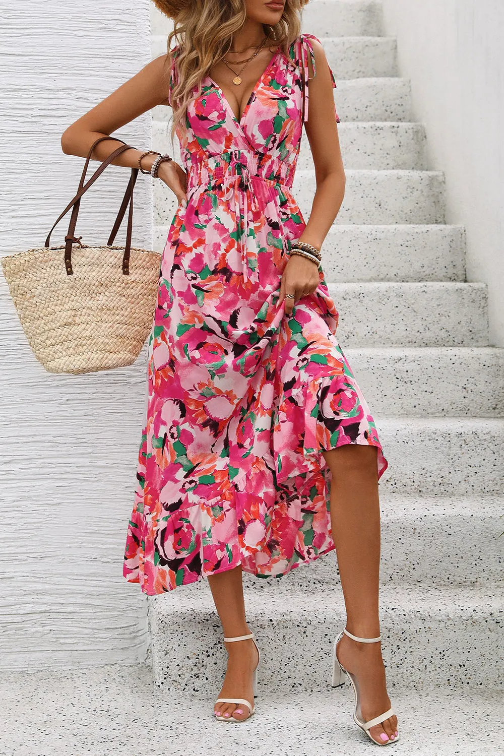 Fuchsia Floral V Neck Midi Summer Dress sold by Zapaka product image thumbnail 5