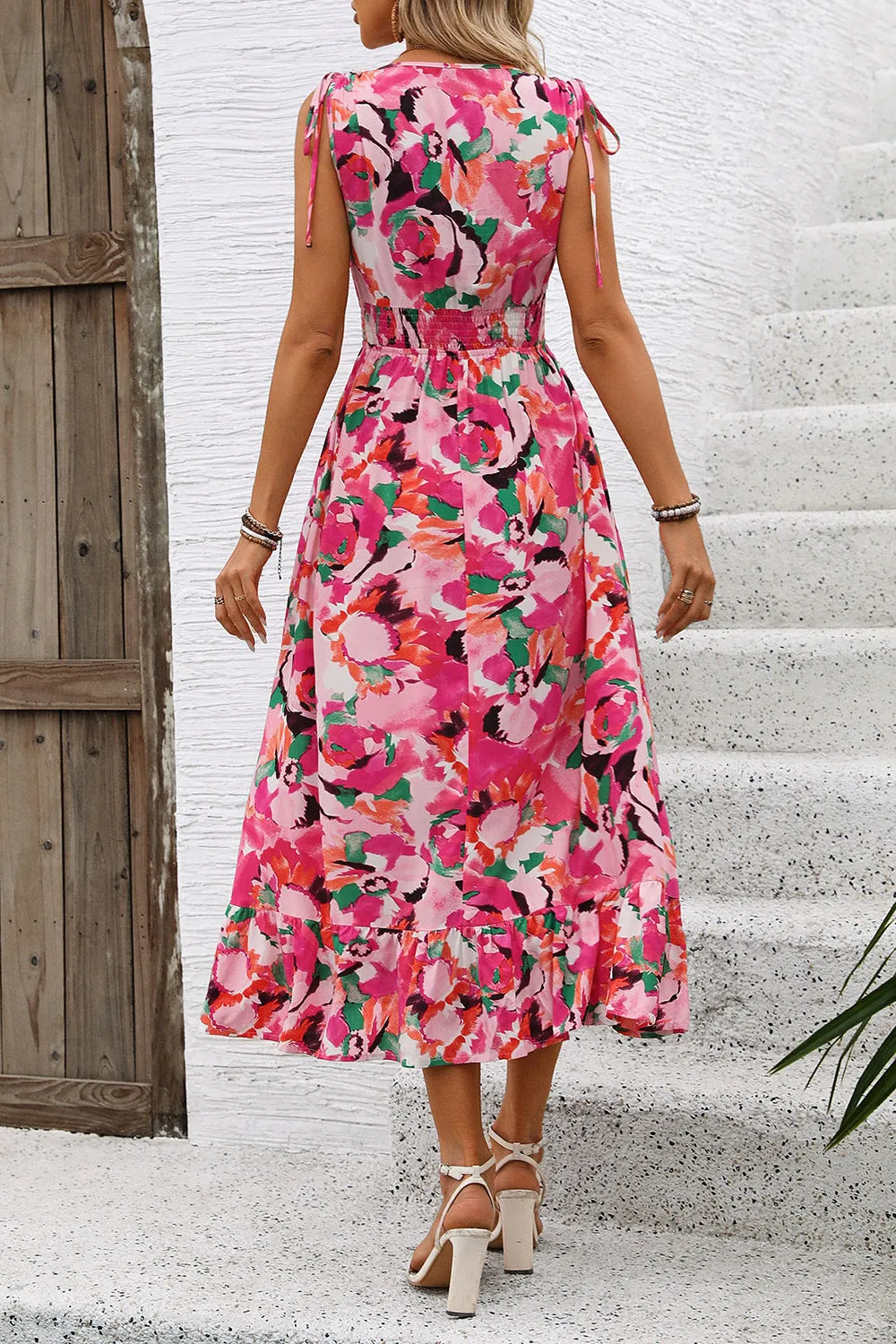 Fuchsia Floral V Neck Midi Summer Dress sold by Zapaka product image thumbnail 2