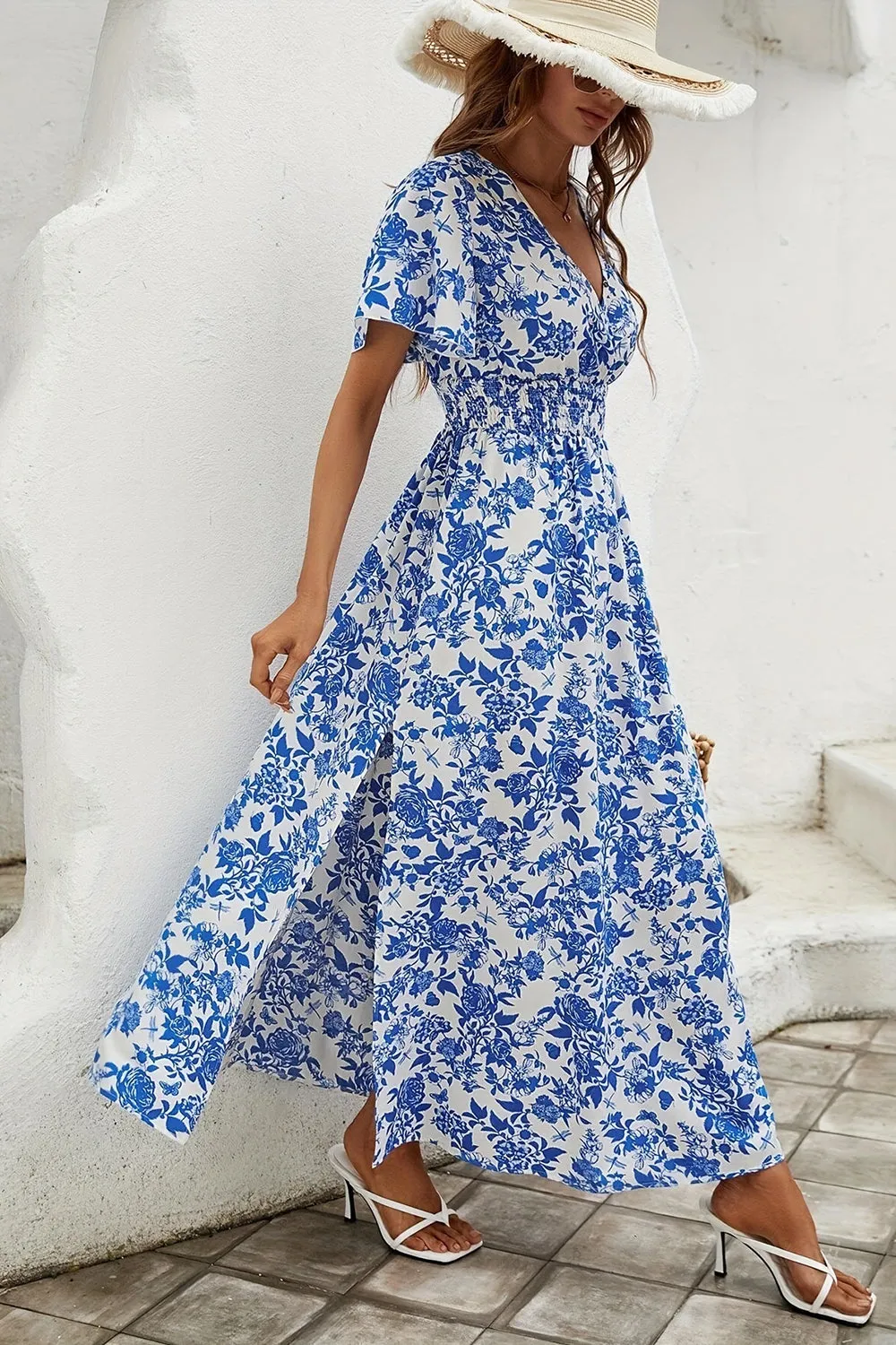 Blue A Line Printed Summer Dress With Slit sold by Zapaka product image thumbnail 4