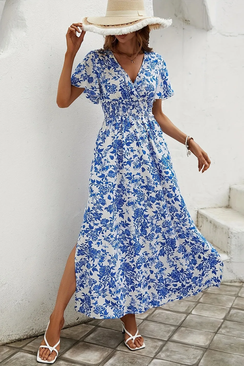 Blue A Line Printed Summer Dress With Slit sold by Zapaka