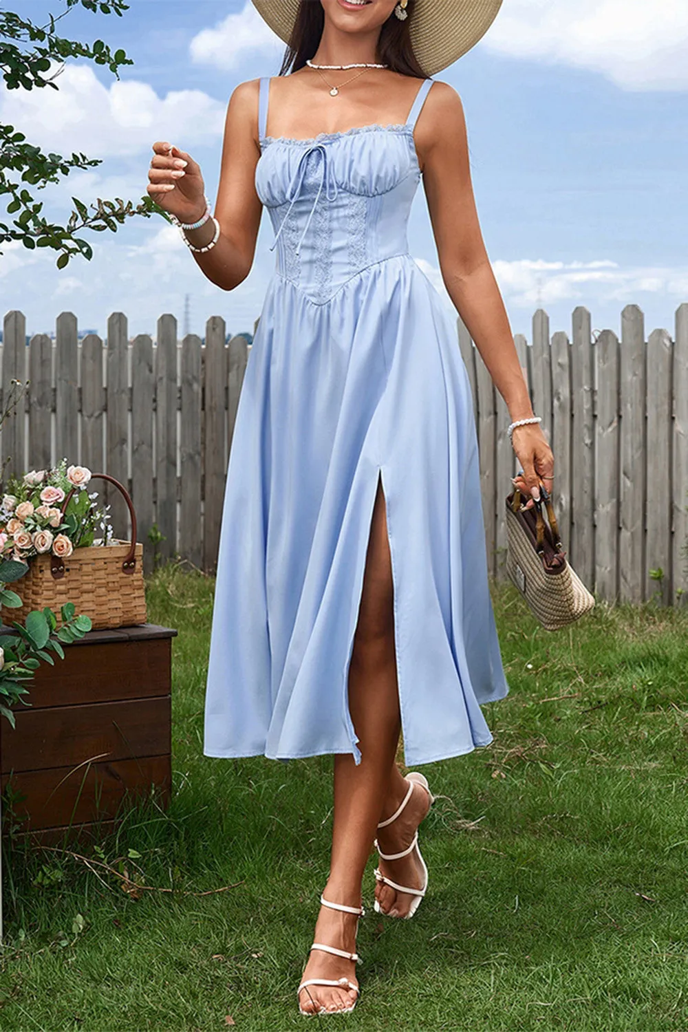 Blue A Line Spaghetti Straps Summer Dress With Slit sold by Zapaka product image thumbnail 3