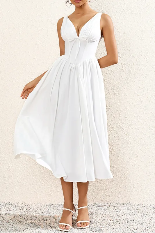 Simple White A Line Midi Summer Dress With Bow sold by Zapaka