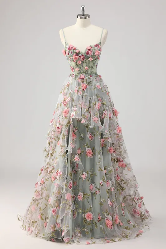 A Line Grey Green Beaded Corset Long Prom Dress with 3D Flowers sold by Zapaka