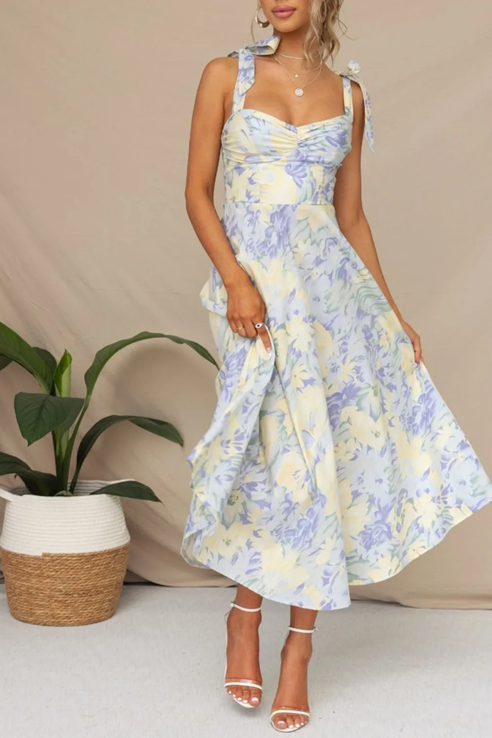 Yellow Blue Flower A Line Long Summer Dress sold by Zapaka