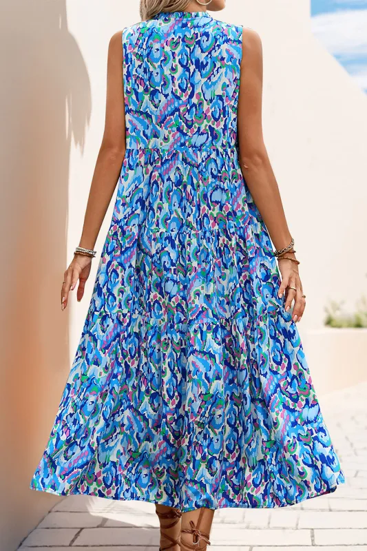 Blue Printed Sleeveless A Line Summer Dress sold by Zapaka