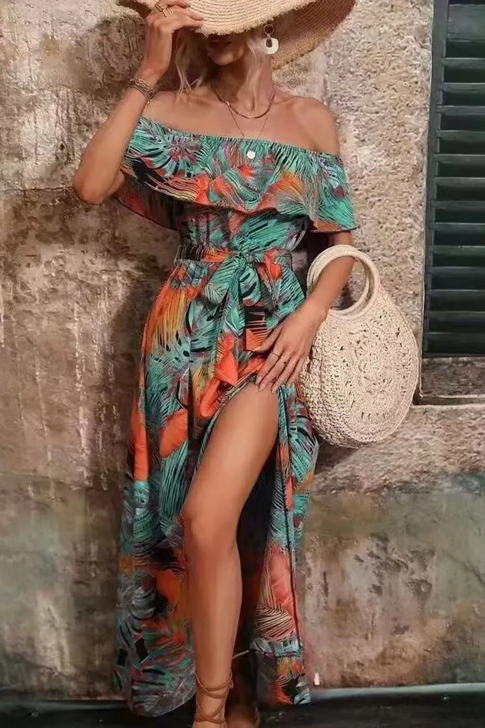 Off The Shoulder Green Orange Printed Summer Dress With Slit sold by Zapaka