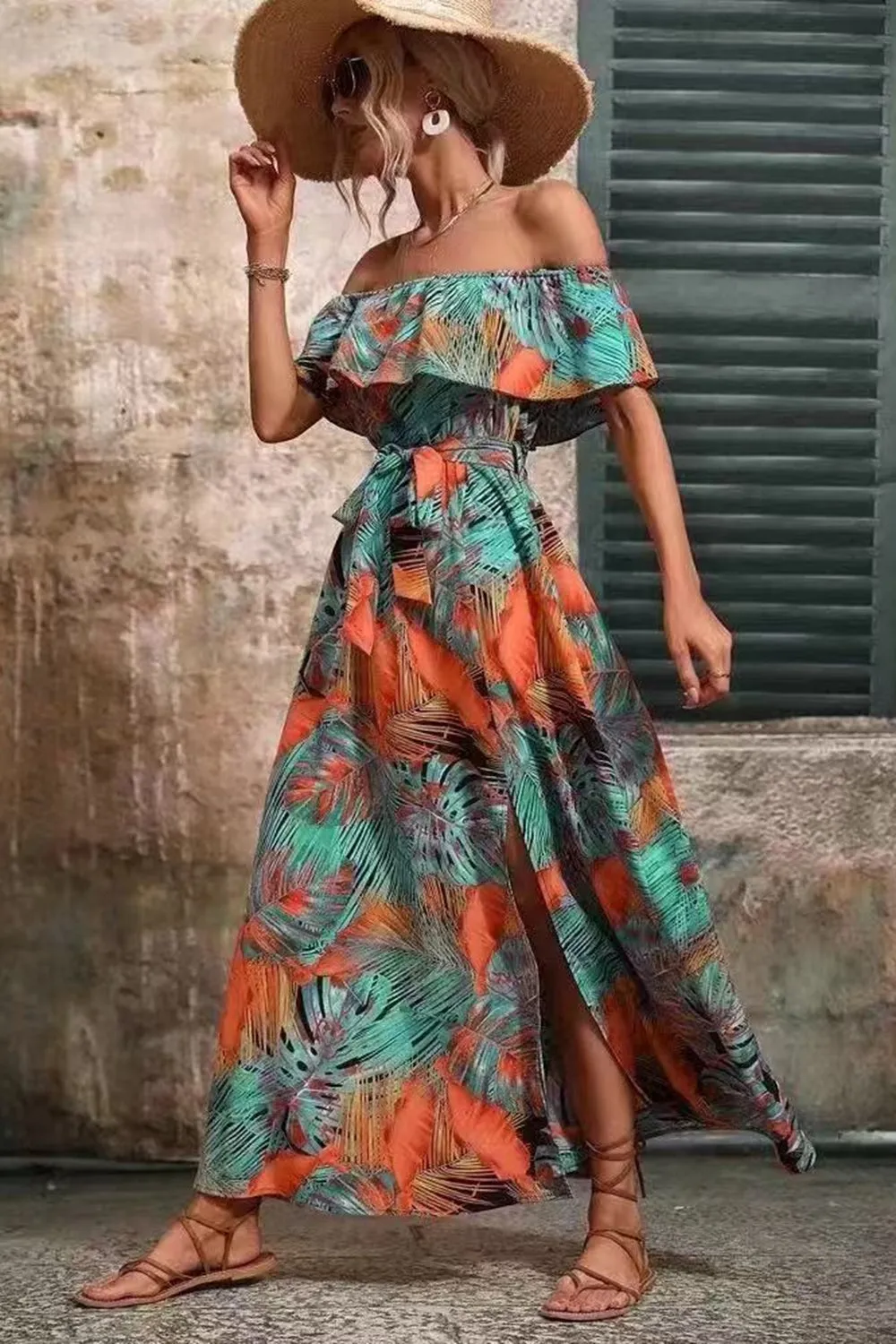 Off The Shoulder Green Orange Printed Summer Dress With Slit sold by Zapaka product image thumbnail 5