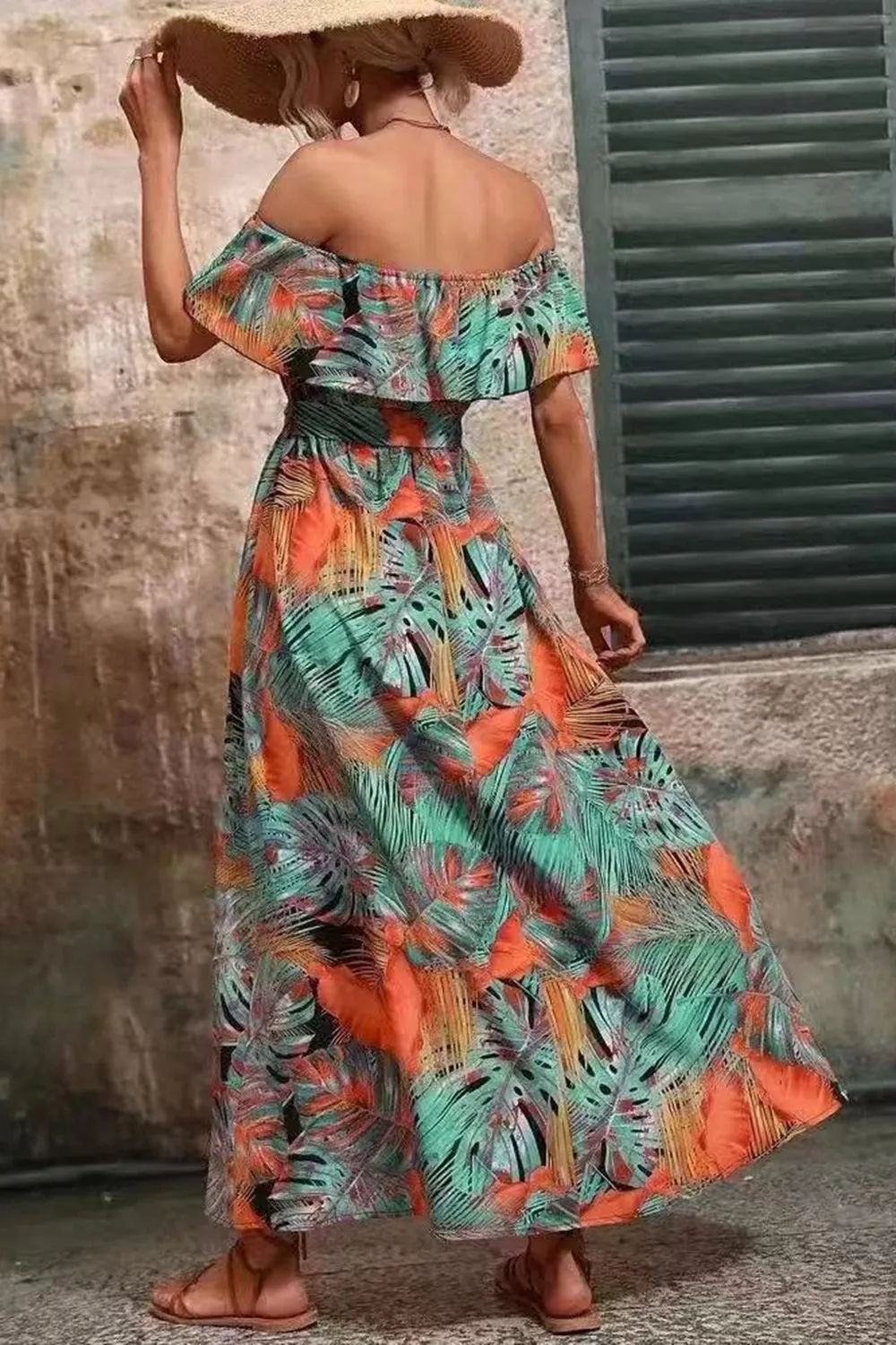 Off The Shoulder Green Orange Printed Summer Dress With Slit sold by Zapaka product image thumbnail 2