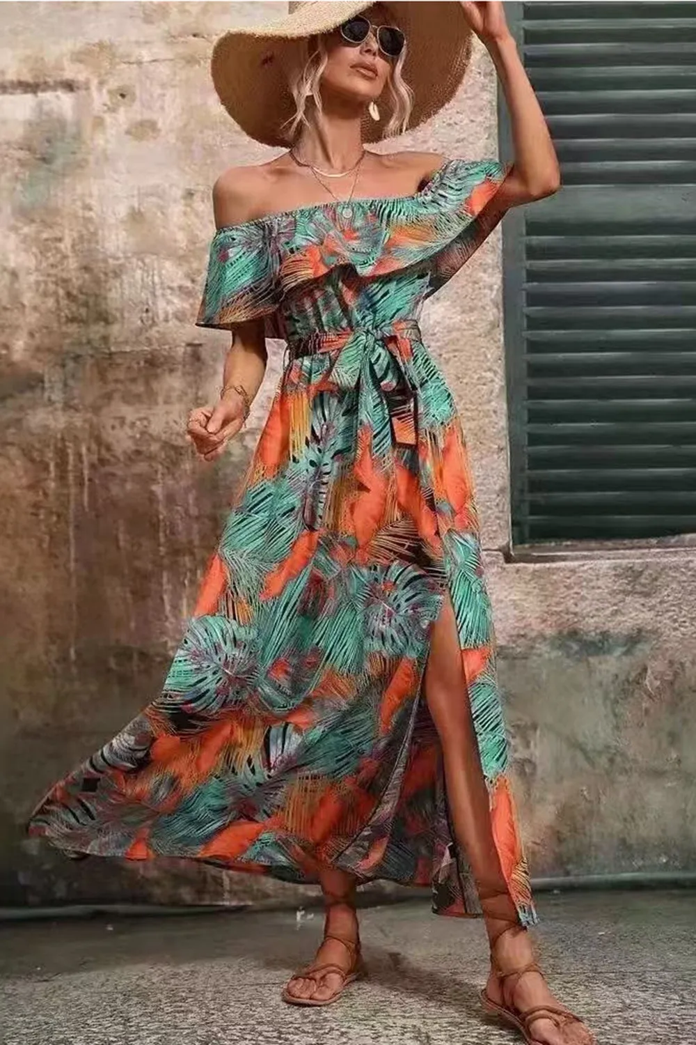 Off The Shoulder Green Orange Printed Summer Dress With Slit sold by Zapaka product image thumbnail 3