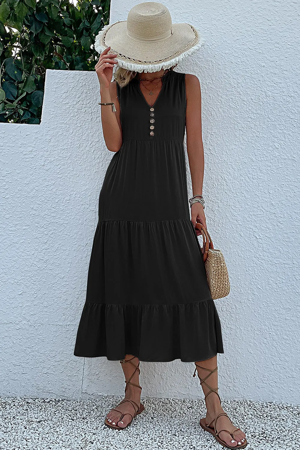Black A Line V-Neck Summer Dress with Buttons sold by Zapaka product image thumbnail 4