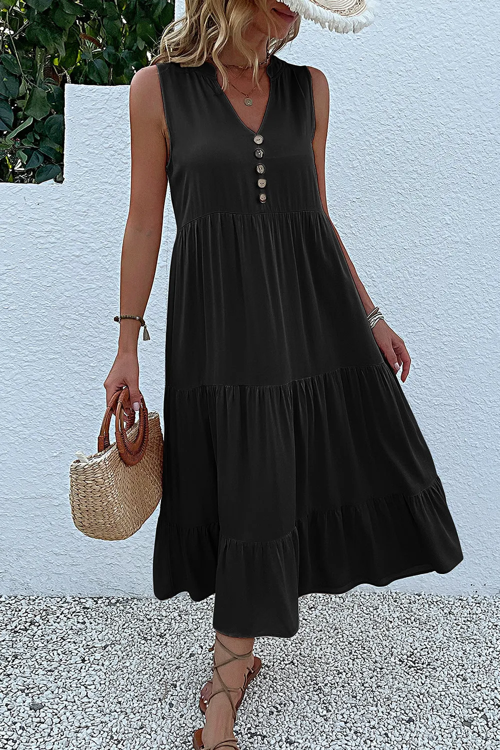 Black A Line V-Neck Summer Dress with Buttons sold by Zapaka