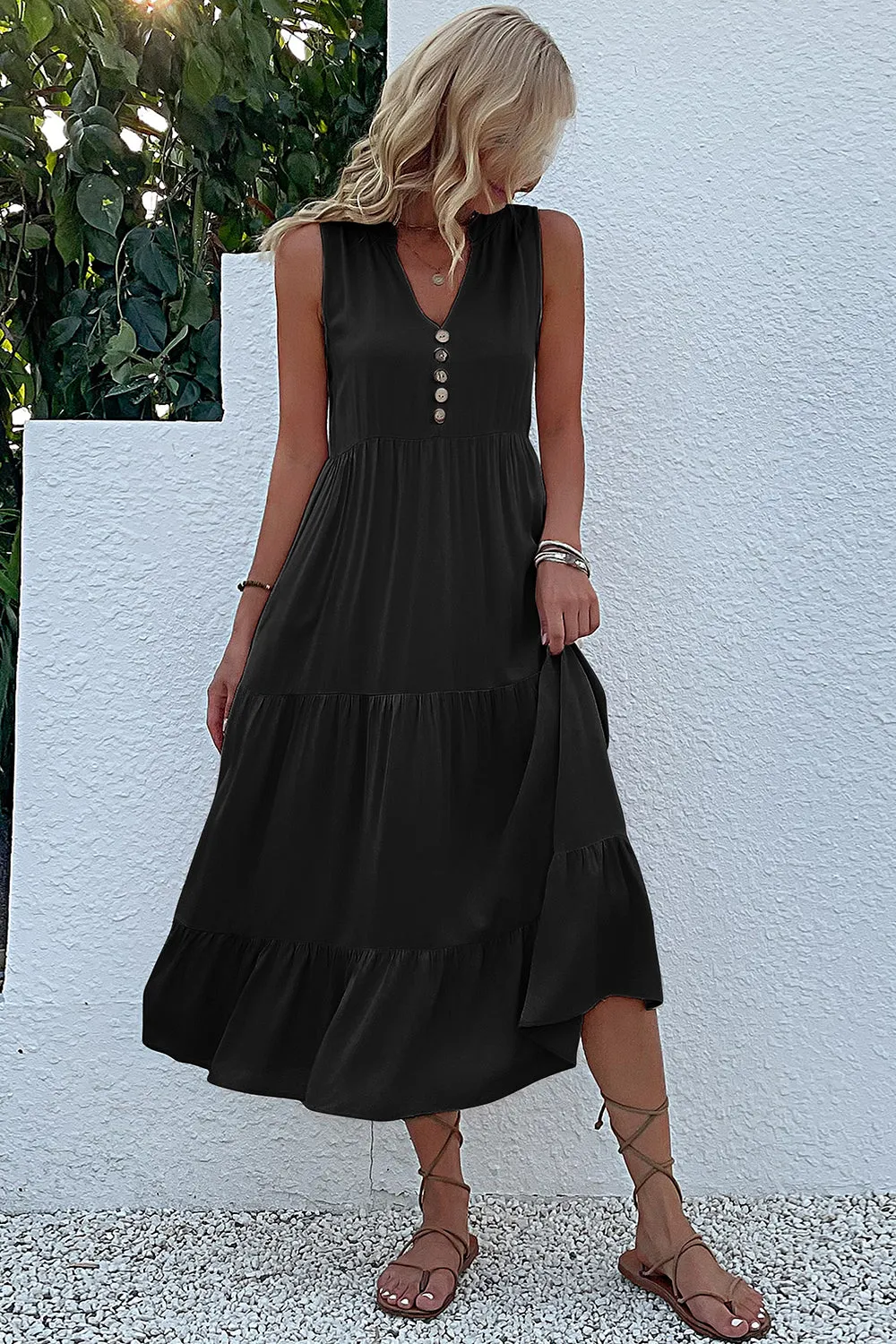 Black A Line V-Neck Summer Dress with Buttons sold by Zapaka product image thumbnail 5