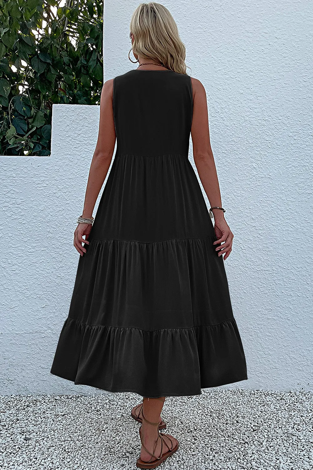 Black A Line V-Neck Summer Dress with Buttons sold by Zapaka product image thumbnail 2