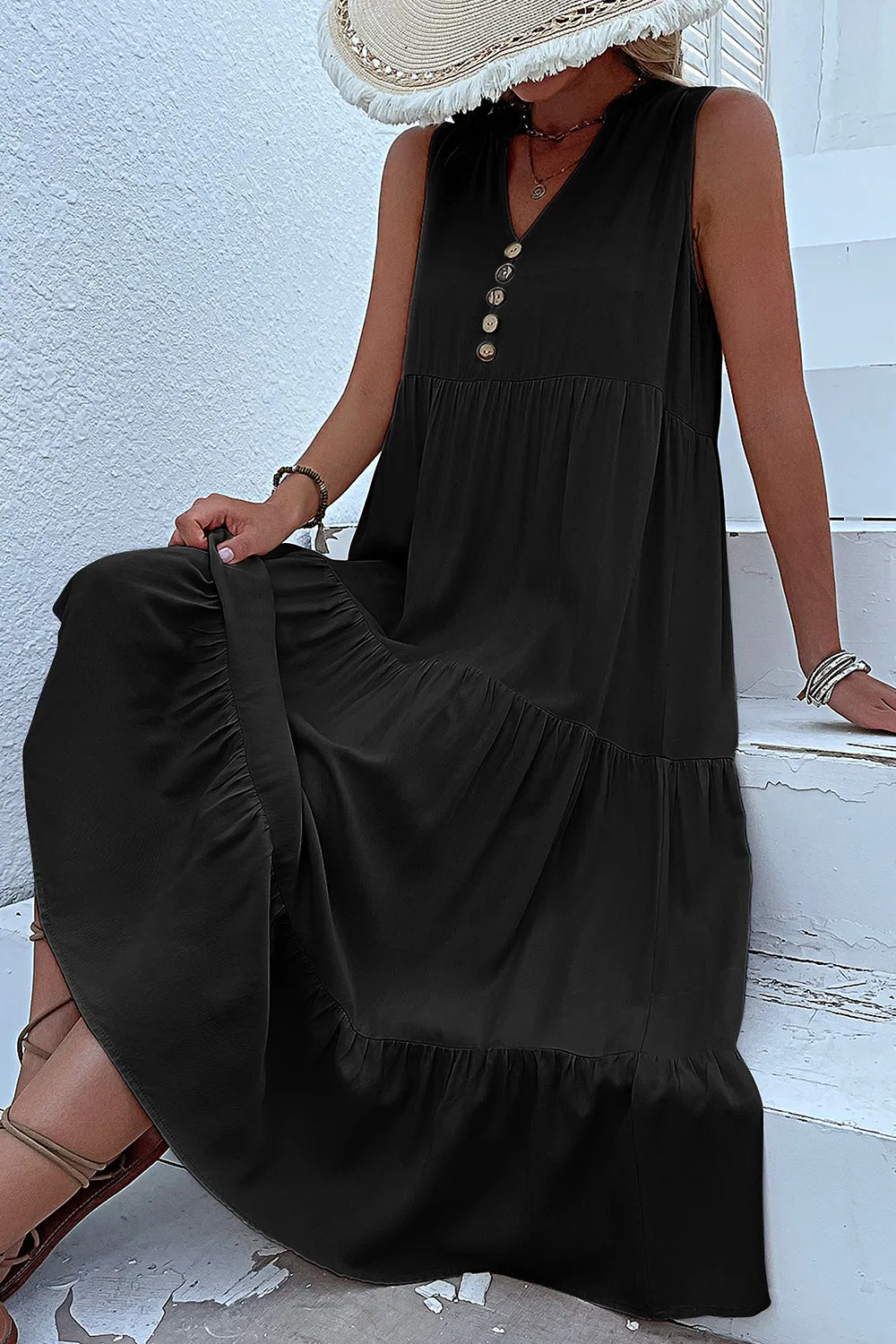Black A Line V-Neck Summer Dress with Buttons sold by Zapaka product image thumbnail 3