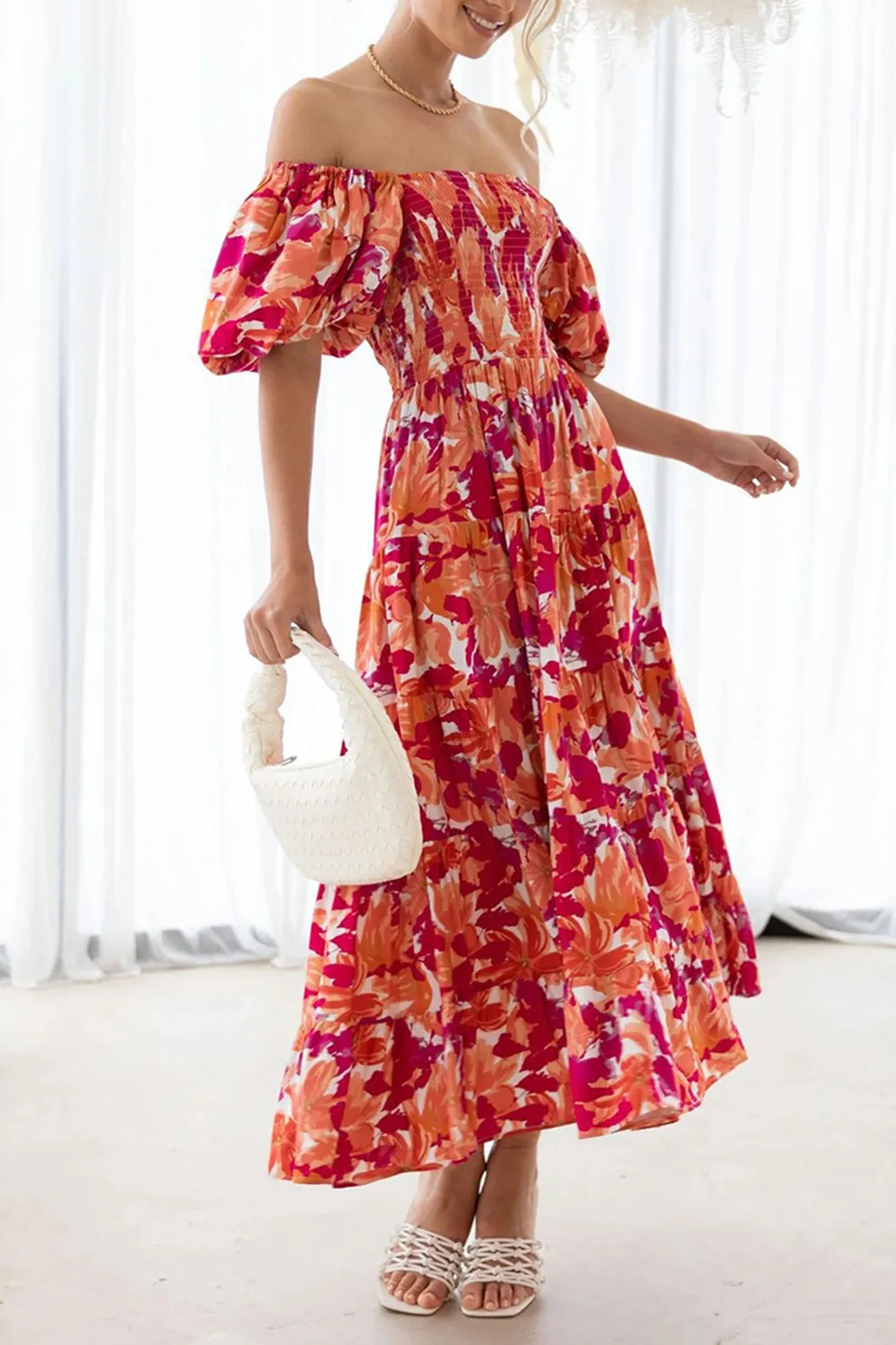 Off The Shoulder Puff Sleeves Orange Summer Dress sold by Zapaka product image thumbnail 4