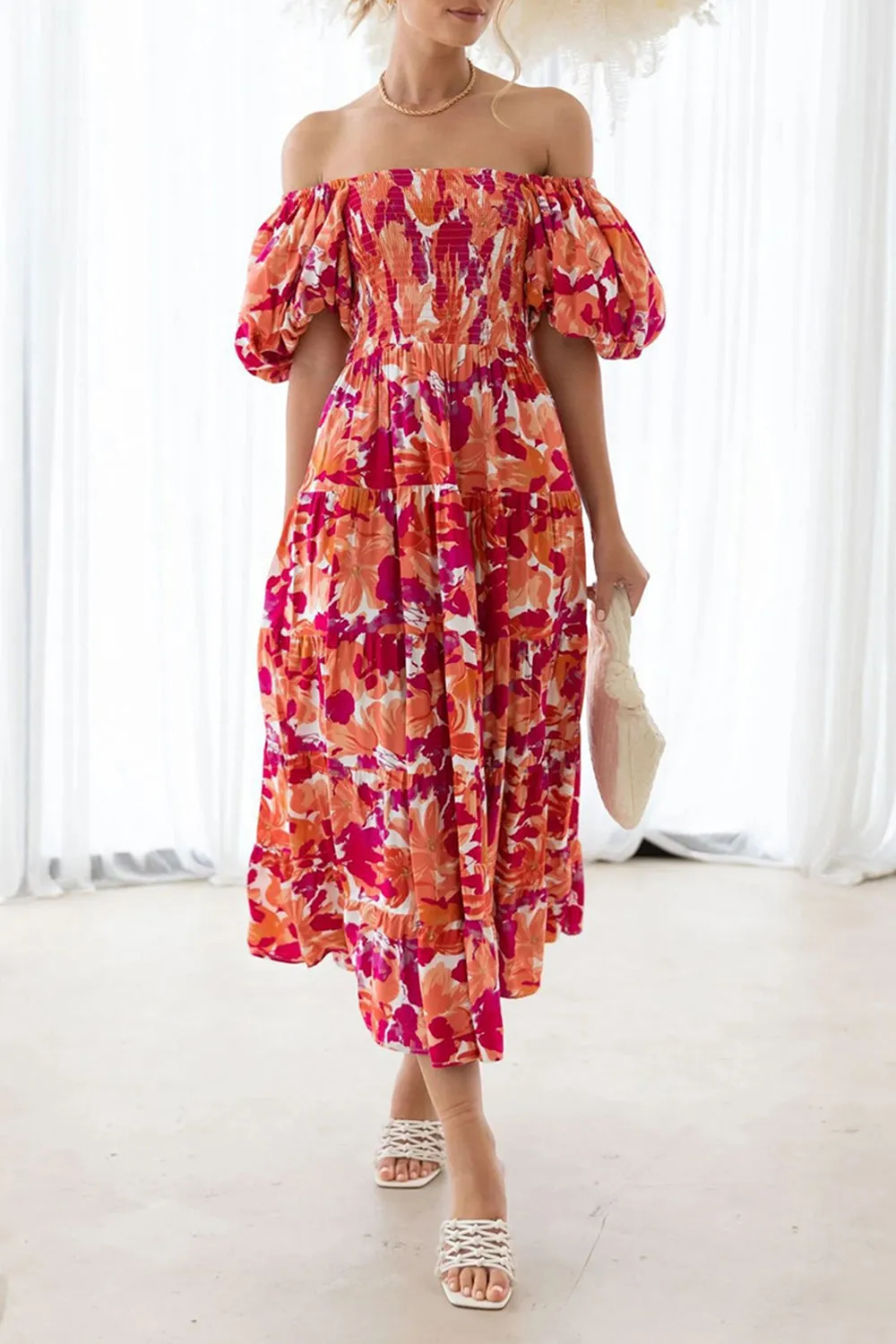 Off The Shoulder Puff Sleeves Orange Summer Dress sold by Zapaka