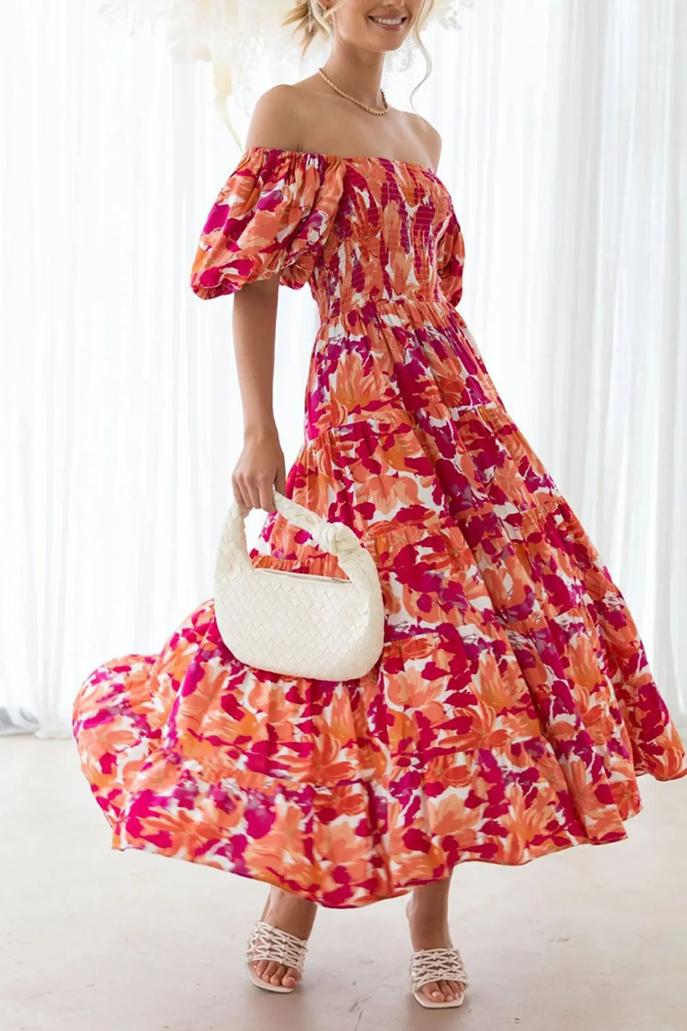 Off The Shoulder Puff Sleeves Orange Summer Dress sold by Zapaka product image thumbnail 2