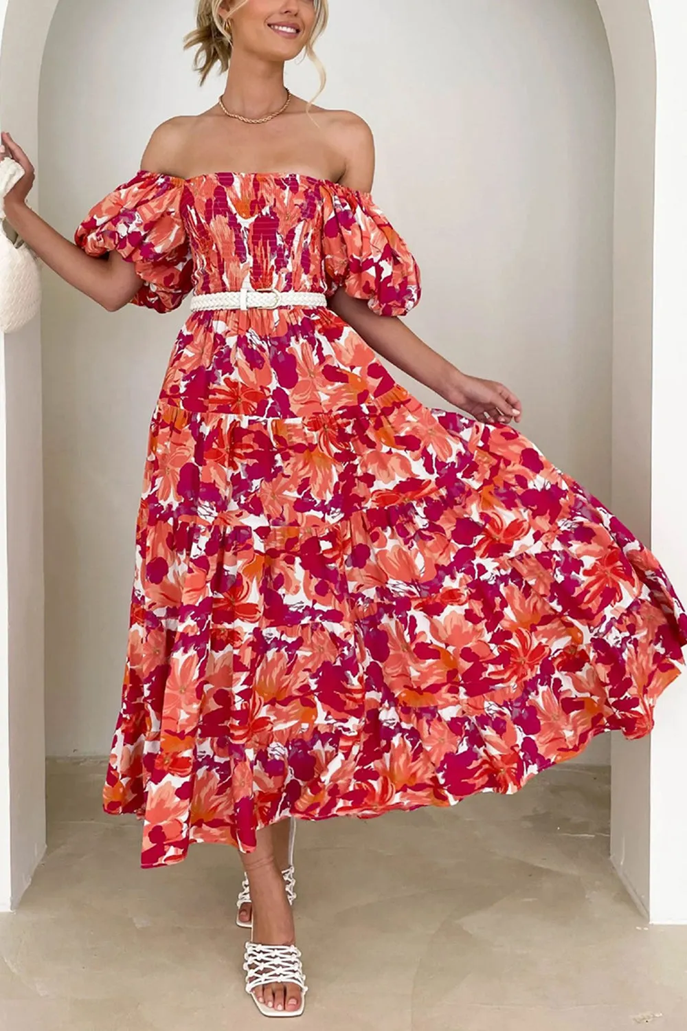 Off The Shoulder Puff Sleeves Orange Summer Dress sold by Zapaka product image thumbnail 3