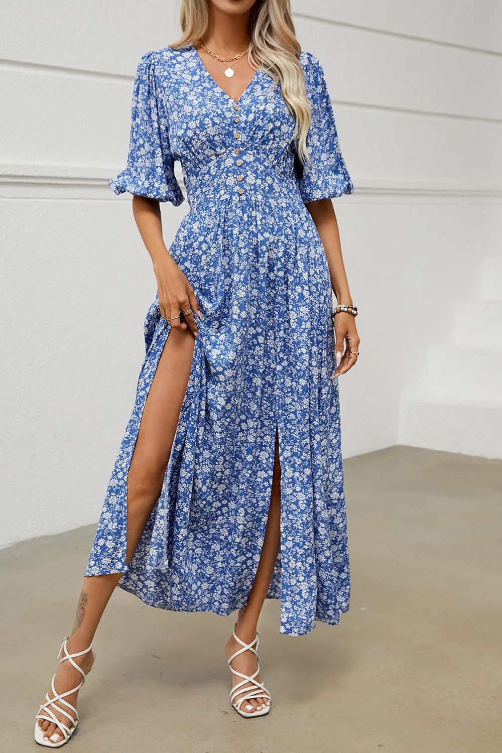 Blue Floral V Neck Long Summer Dress With Slit sold by Zapaka product image thumbnail 4
