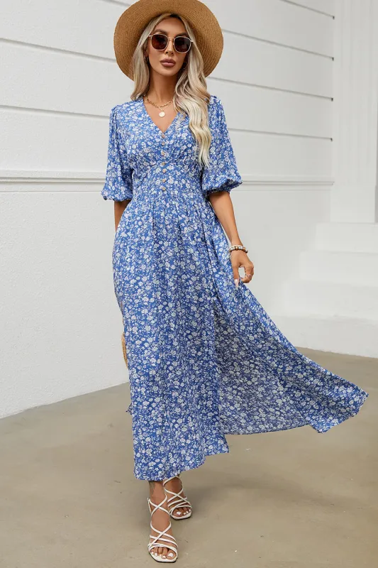 Blue Floral V Neck Long Summer Dress With Slit sold by Zapaka