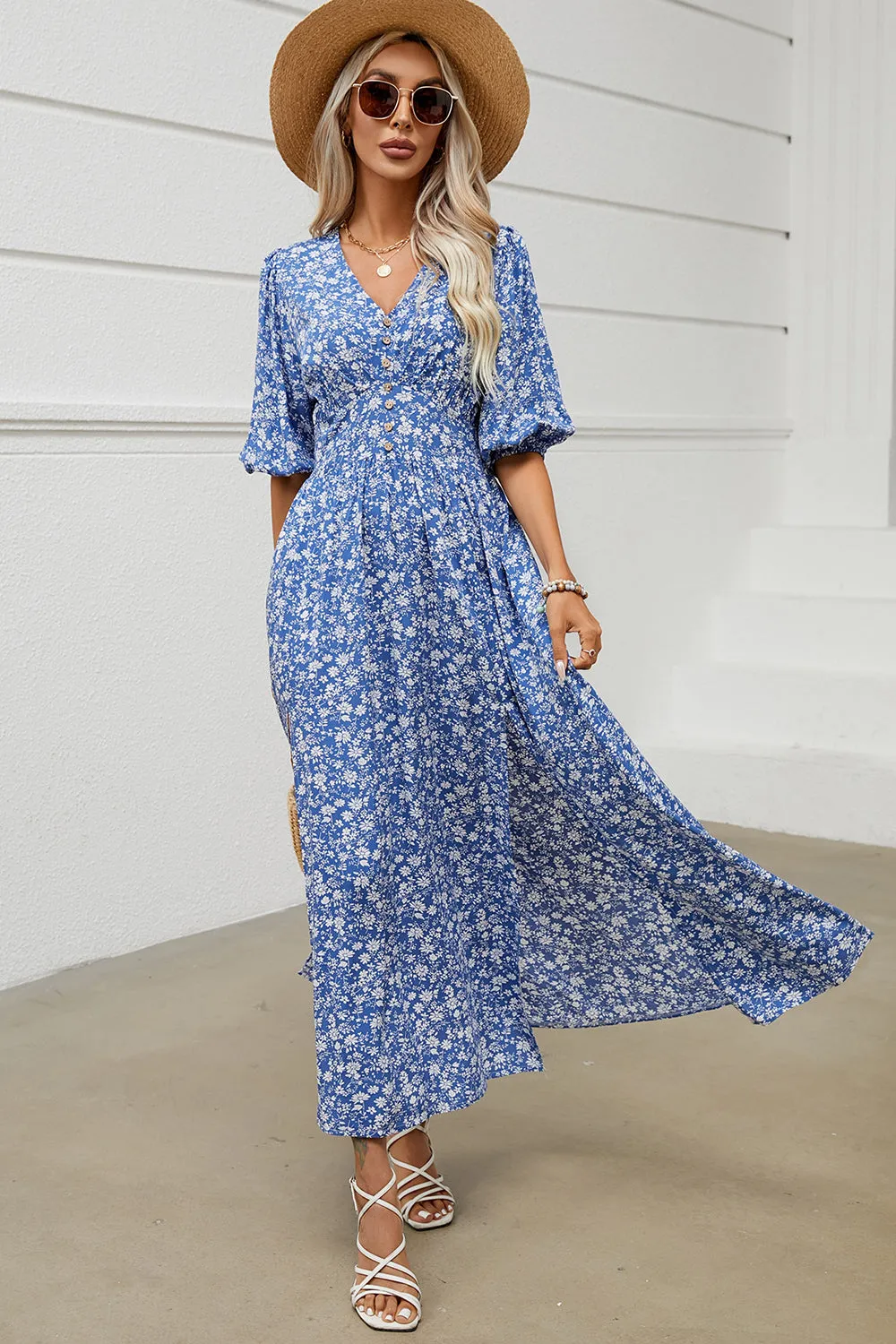 Blue Floral V Neck Long Summer Dress With Slit sold by Zapaka