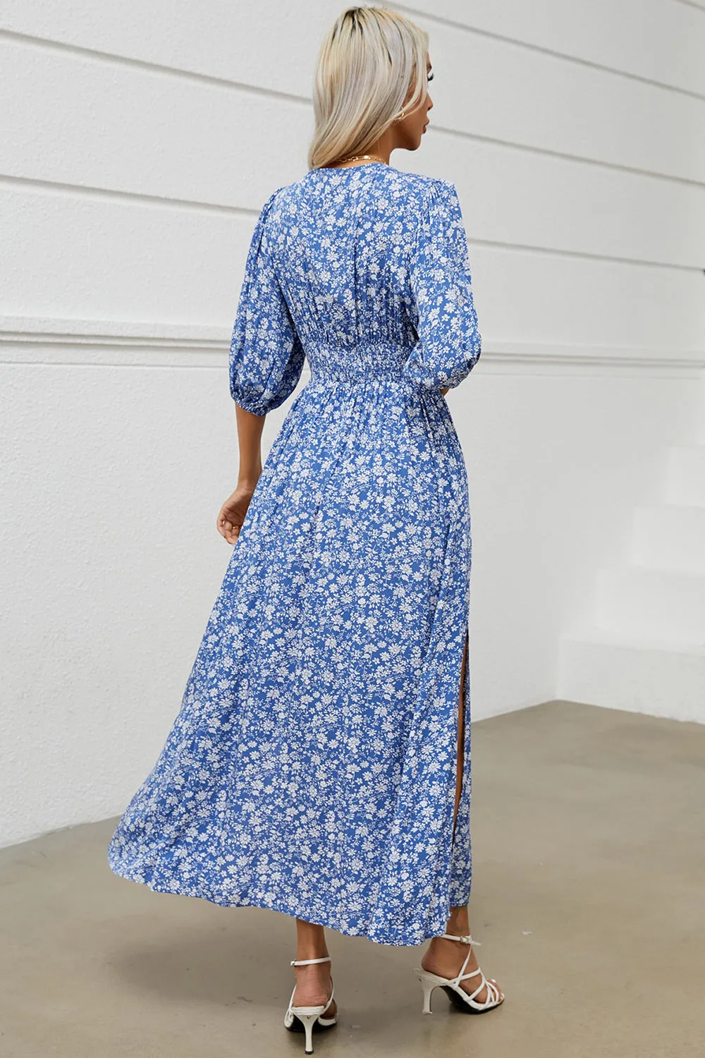 Blue Floral V Neck Long Summer Dress With Slit sold by Zapaka product image thumbnail 2