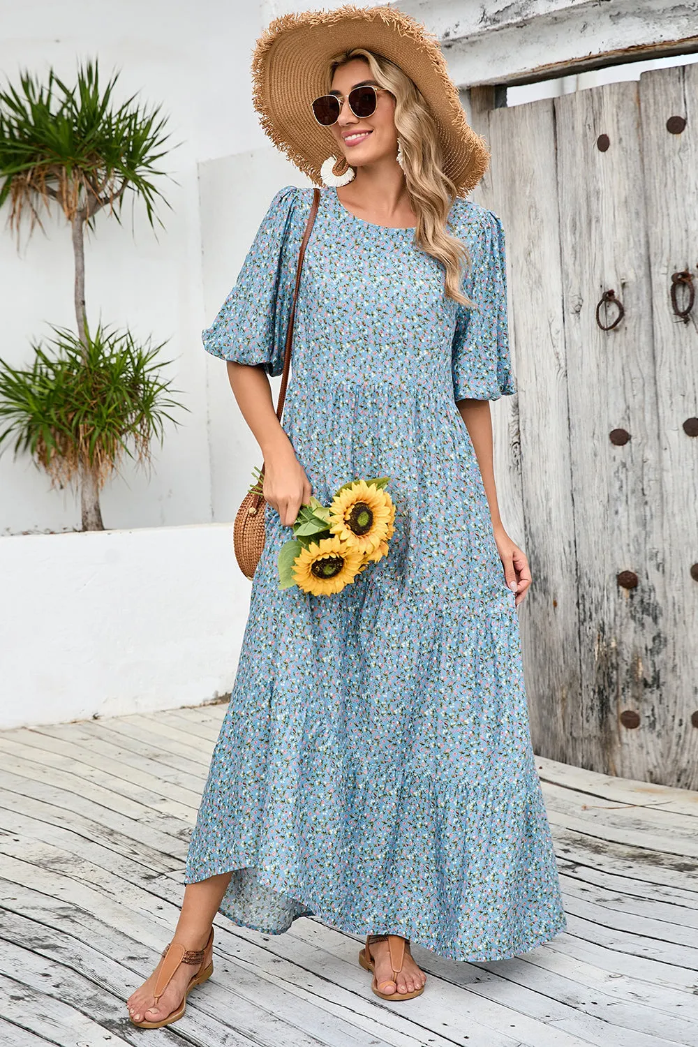 Grey Blue A Line Long Floral Summer Dress sold by Zapaka