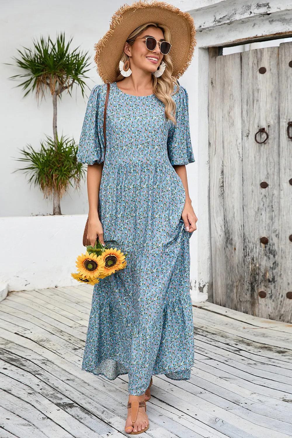 Grey Blue A Line Long Floral Summer Dress sold by Zapaka product image thumbnail 5