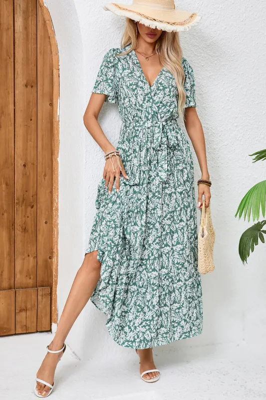 Green Printed A Line Summer Dress With Sash sold by Zapaka