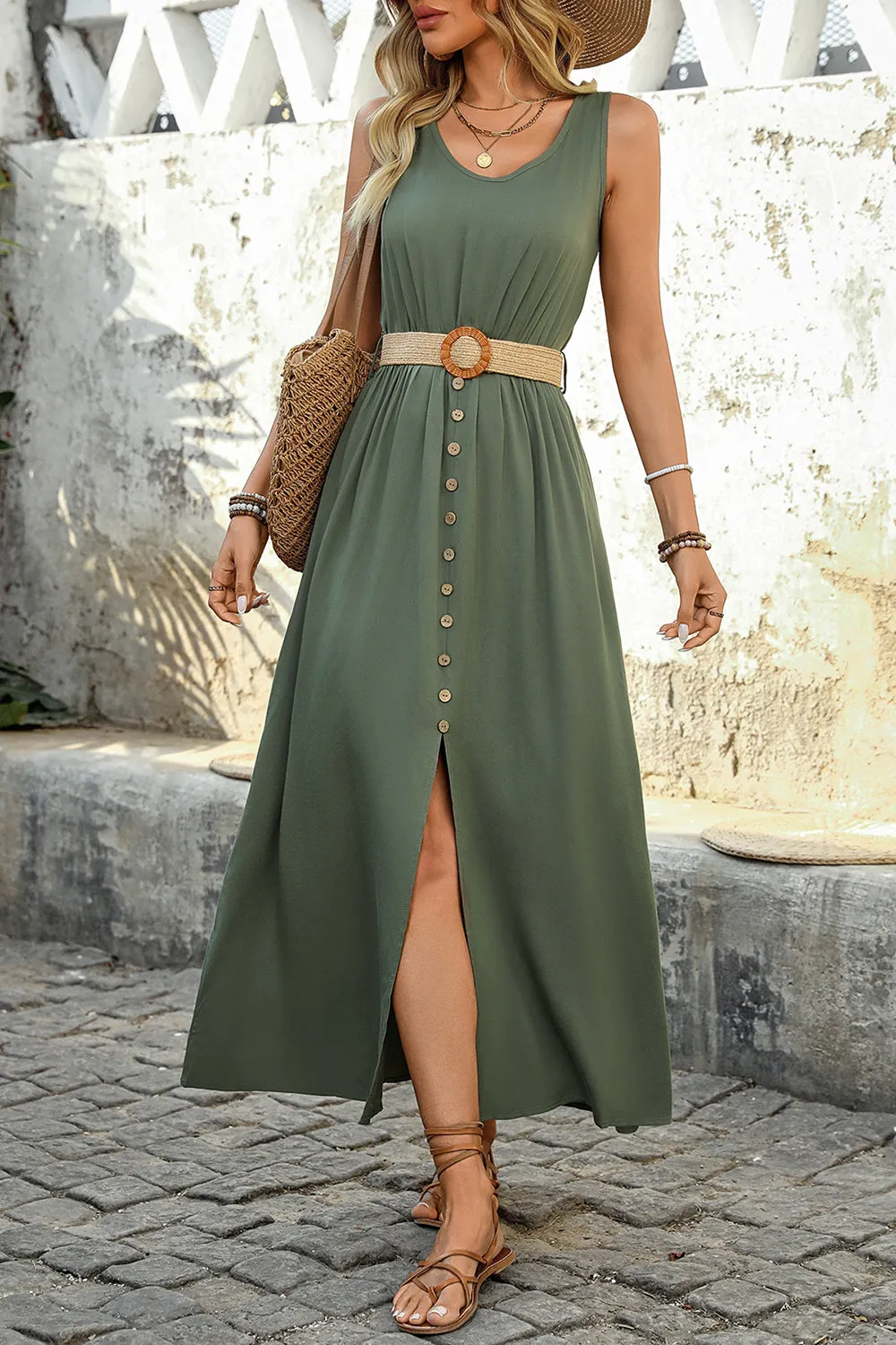 Army Green A Line Summer Dress with Belt sold by Zapaka product image thumbnail 4
