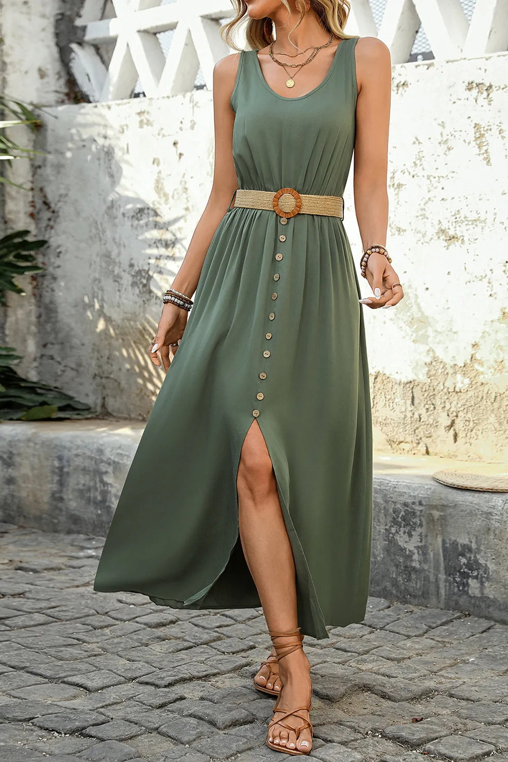 Army Green A Line Summer Dress with Belt sold by Zapaka