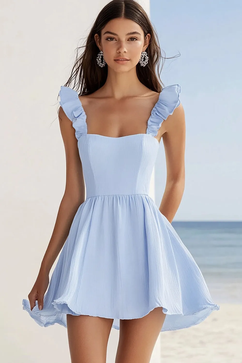 Sky Blue A Line Ruffled Chiffon Summer Dress sold by Zapaka