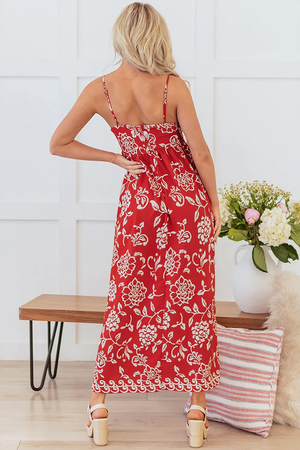 Red Floral A Line Spaghetti Straps Summer Dress sold by Zapaka product image thumbnail 2
