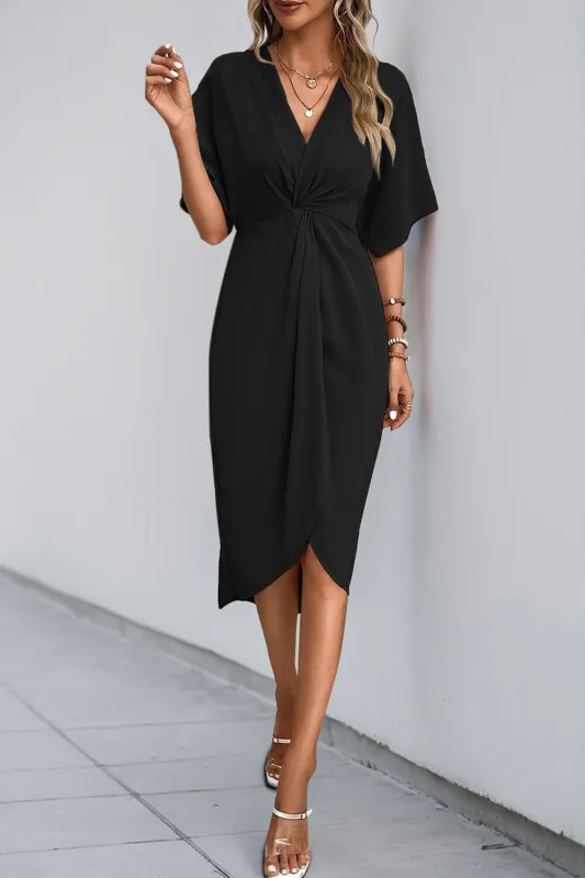 Black V-Neck Sheath Summer Dress with Half Sleeves sold by Zapaka