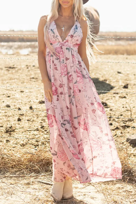 Pink Floral V Neck A Line Summer Dress sold by Zapaka