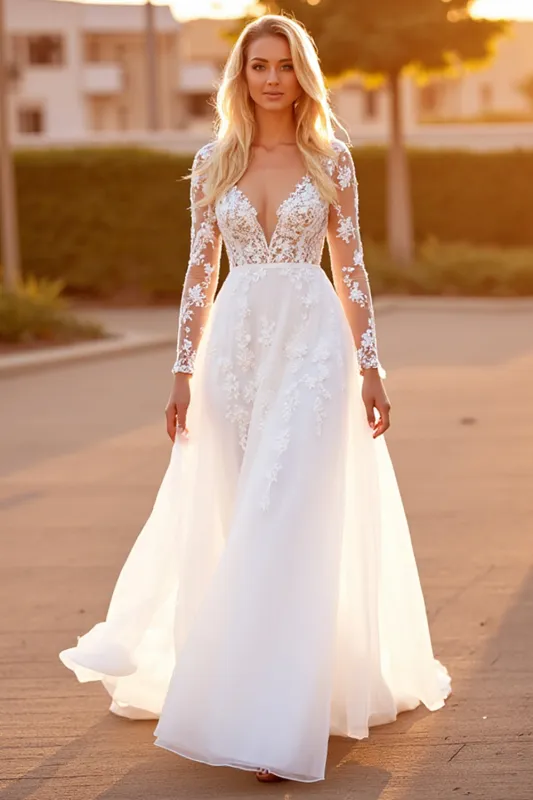 White Appliqued A Line Wedding Dress with Long Sleeves sold by Zapaka
