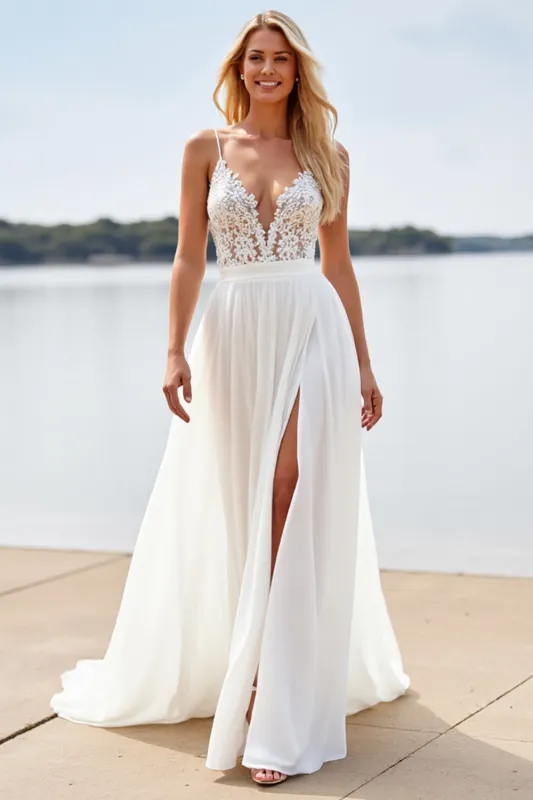 A Line White Lace V Neck Wedding Dress with Slit made by Zapaka