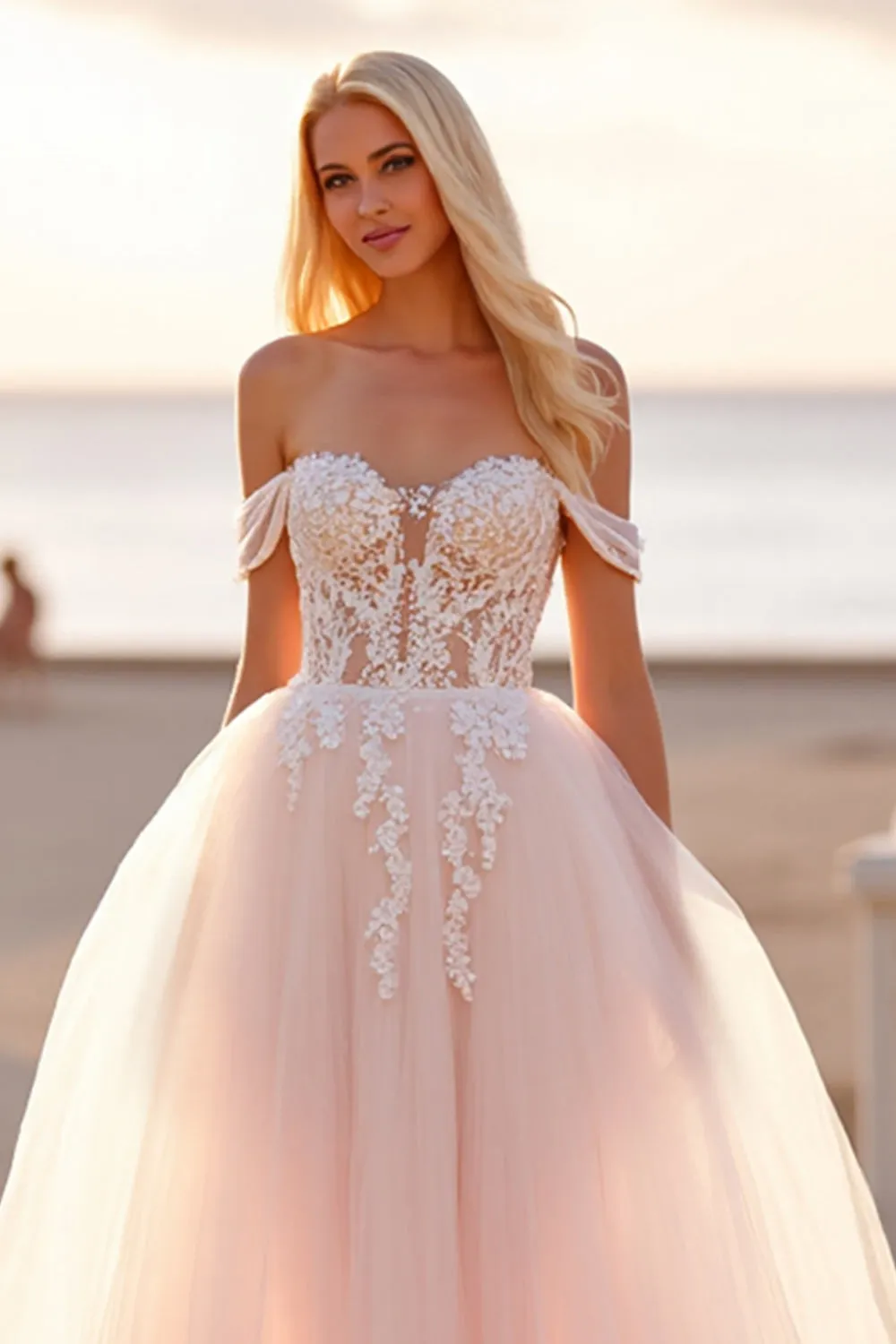 Off The Shoulder Blush Tulle A Line Wedding Dress with Appliques sold by Zapaka product image thumbnail 5