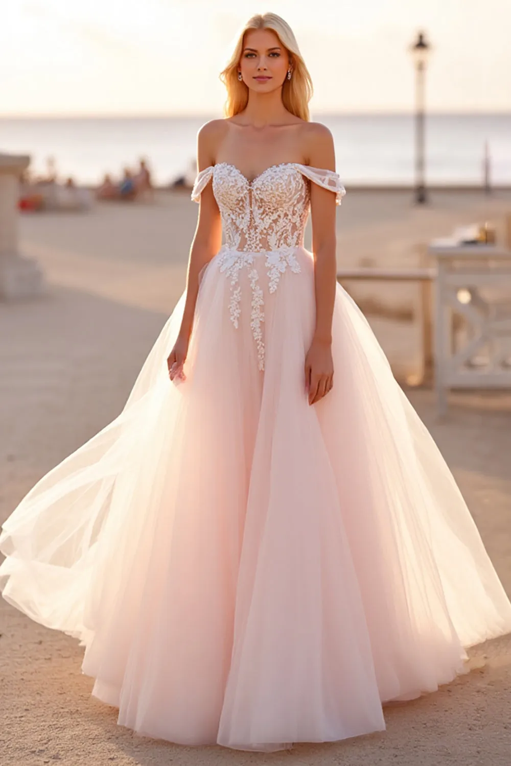 Off The Shoulder Blush Tulle A Line Wedding Dress with Appliques sold by Zapaka product image thumbnail 2