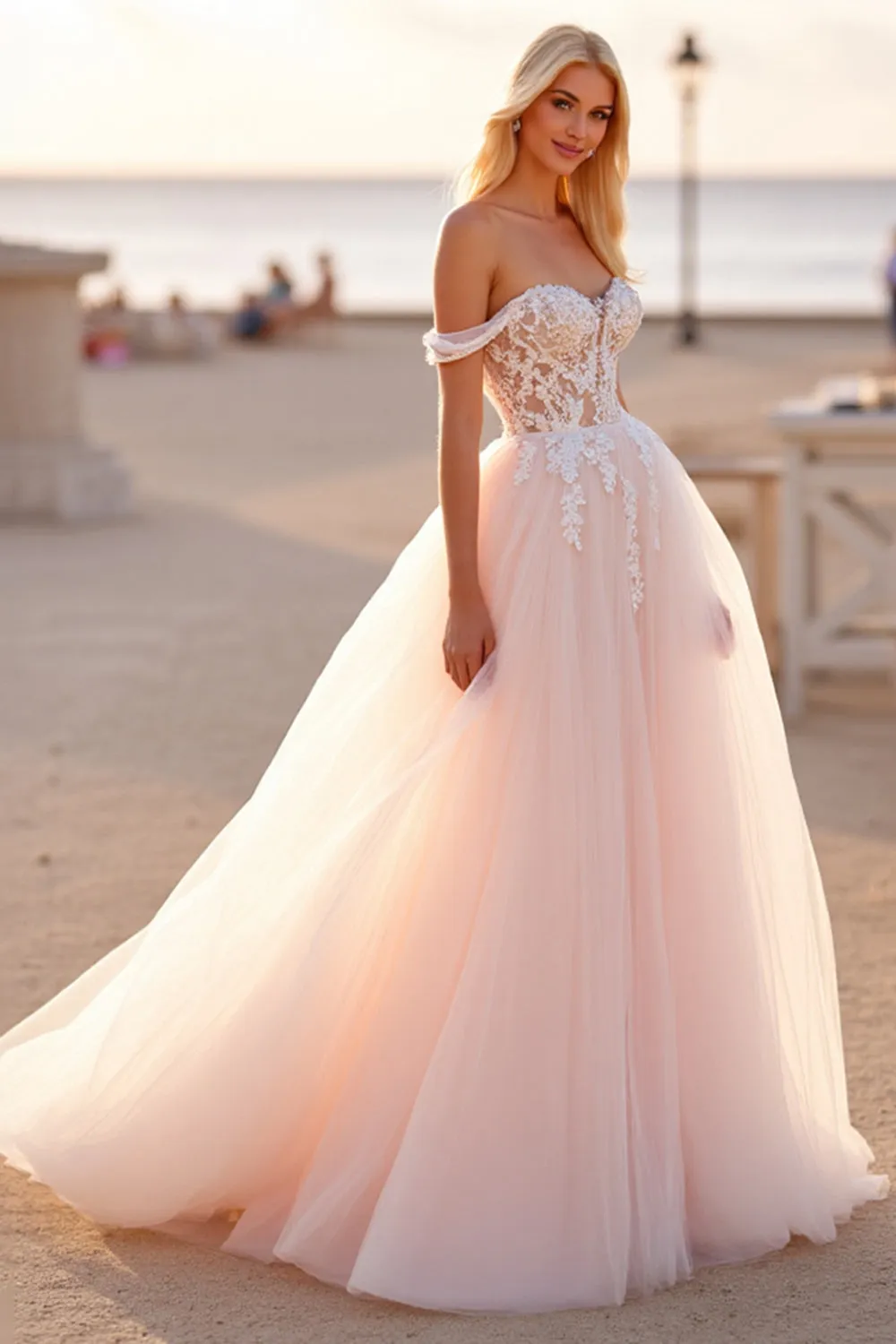 Off The Shoulder Blush Tulle A Line Wedding Dress with Appliques sold by Zapaka product image thumbnail 3