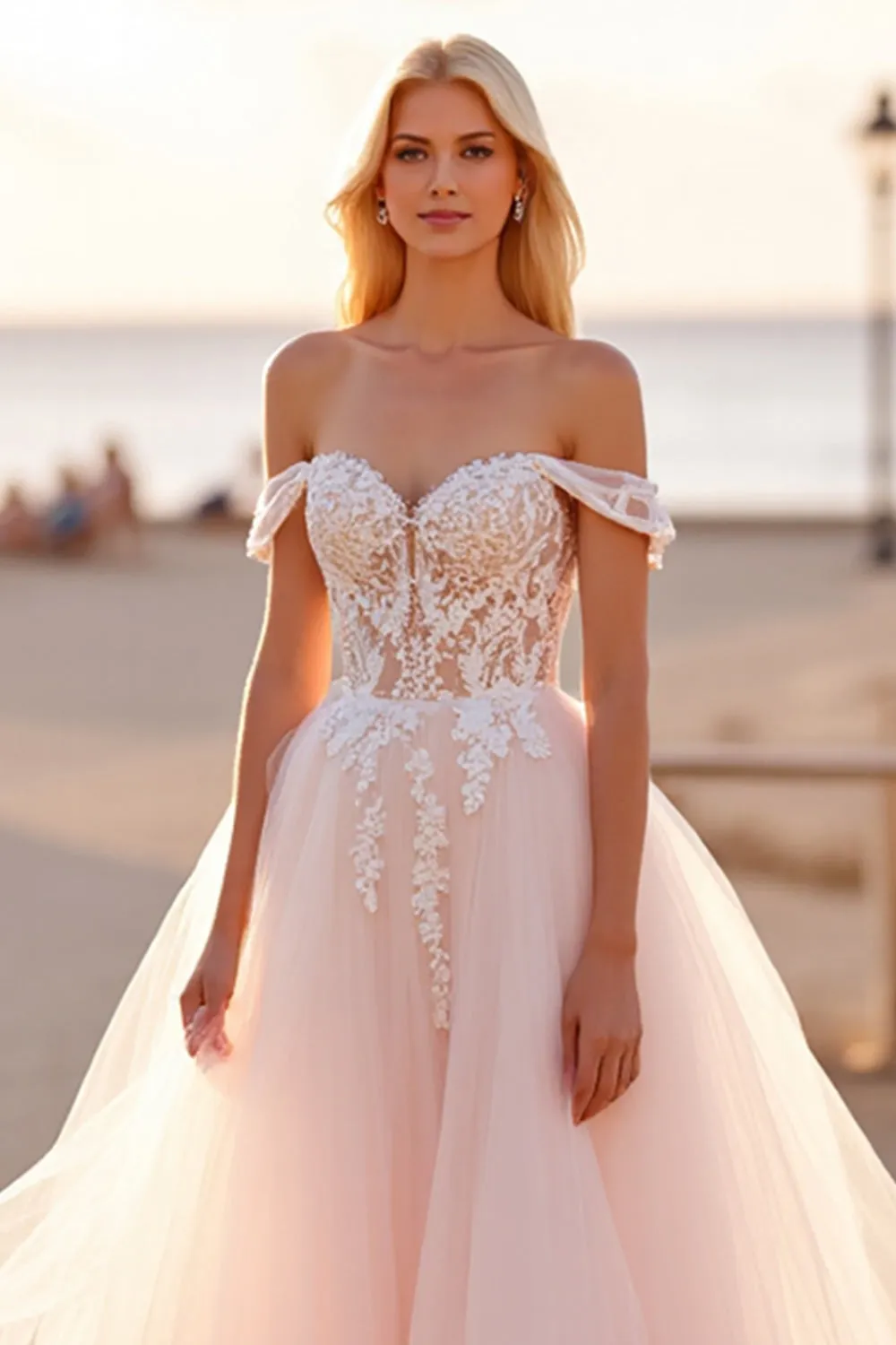 Off The Shoulder Blush Tulle A Line Wedding Dress with Appliques sold by Zapaka product image thumbnail 4